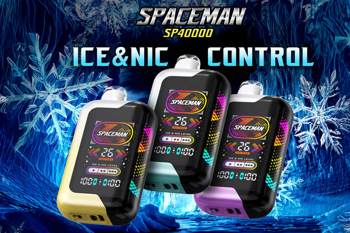Three 'Spaceman' vape devices with digital displays on a blue icy background.