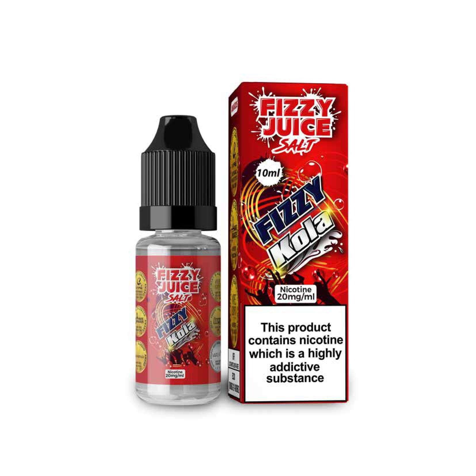 A product image showing Fizzy Juice Salt in a 10ml bottle with a red and white label, alongside its packaging box which also displays the product name and branding.